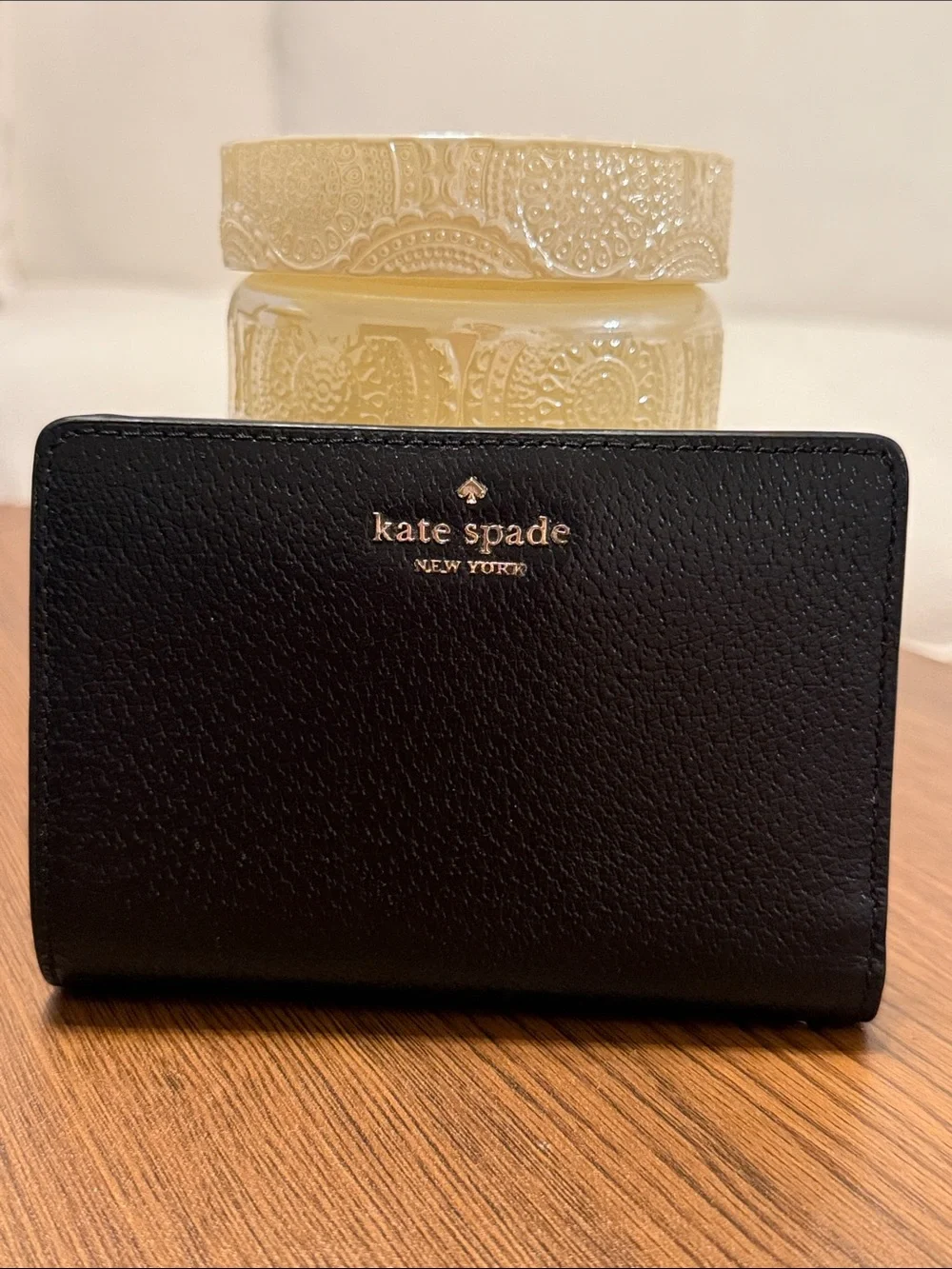 kate spade black leather wallet with gold logo